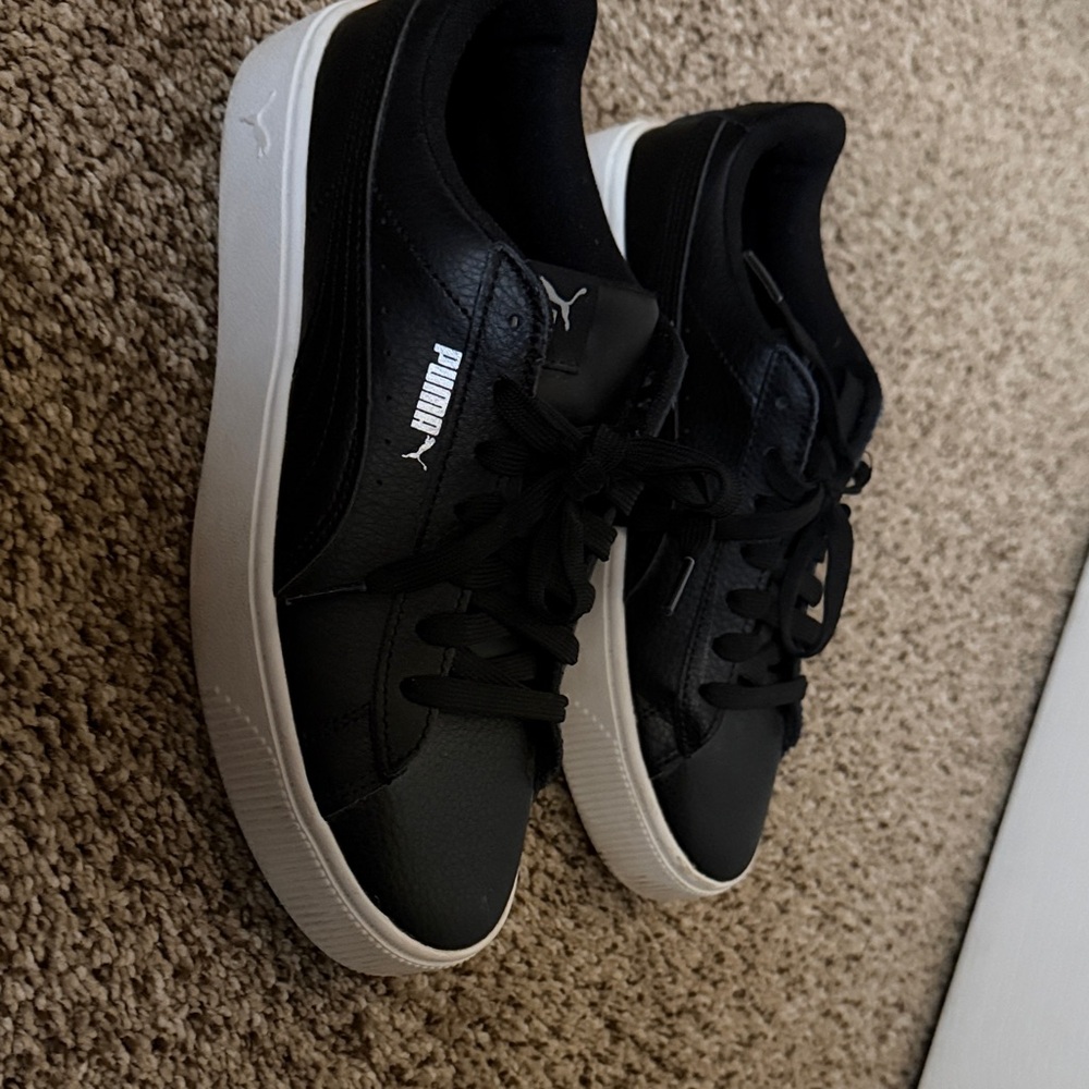 Puma Black Leather Sneakers with White Platform Sole